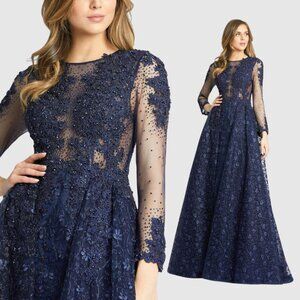 Mac Duggal 20100 Size 8 Blue Embellished Illusion Long Sleeve A-Line Gown Dress